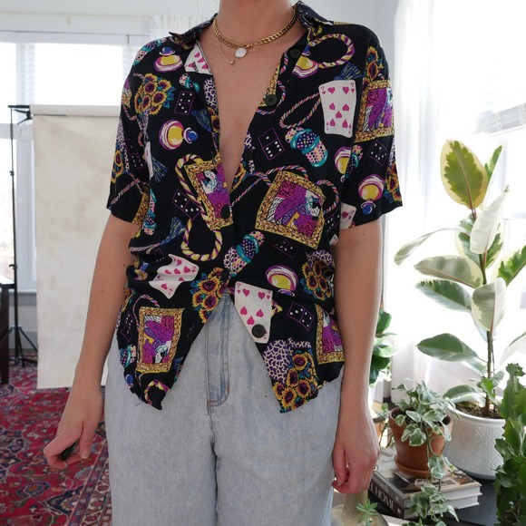 vintage button up shirt collared black multi-color mardis gras graphic printed M - Picture 4 of 5